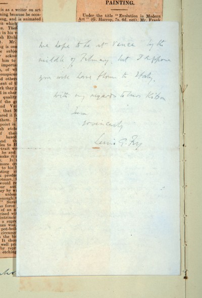 Letter from [Lewis] G. Fry to Sydney Kitson