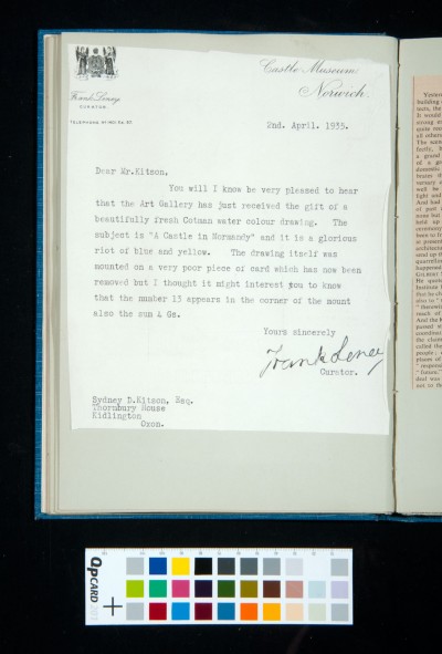 A letter from Frank Leney, Curator at Castle Museum in Norwich, to Sydney Kitson