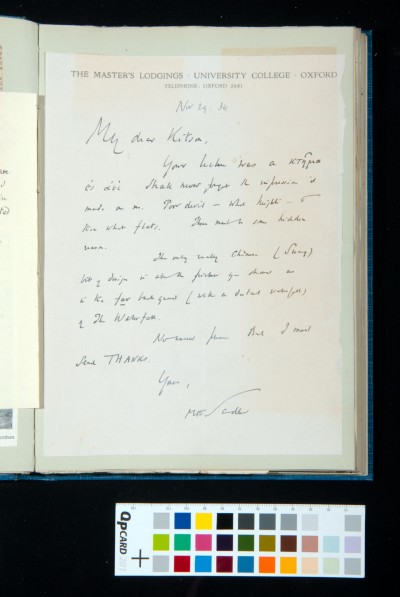 Letter to Sydney Kitson from M.E. Sadler