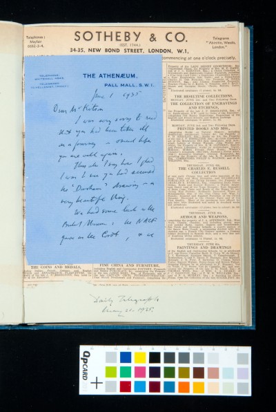 Letter to Sydney Kitson from The Athenaeum.