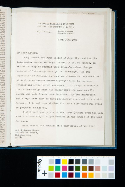 Letter to Kitson from Martin Hardie, Keeper of the Department of Prints and Drawings at the V&A museum