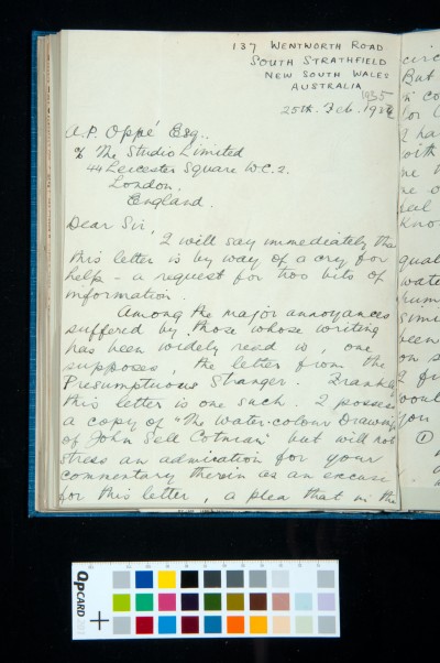 Letter to A.P. Oppe from R.H. Addison enquiring on Cotman's techniques