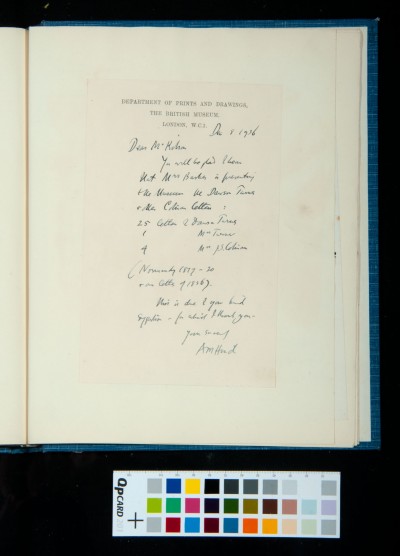 Letter to SDK from A. M. Hind (8 Dec. 1936) concerning Mrs Elizabeth Barker's gift of the Dawson Turner and other Cotman letters to the British Museum