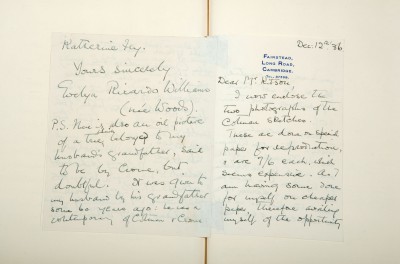 Letter to SDK from Evelyn Ricardo Williams, 6 December 1936 (3) and letter to SDK from Evelyn Ricardo Williams, 12 December 1936 (1)