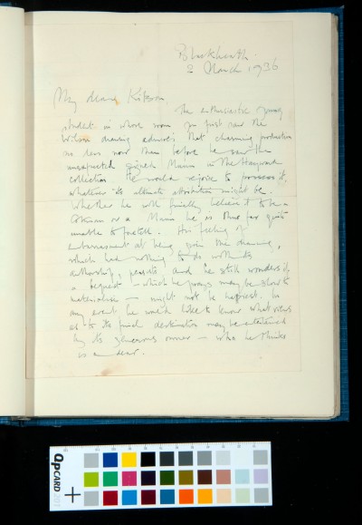 Letter to Kitson from Harold Isherwood Kay (National Gallery) regarding the potential bequest of a painting (whose attribution may be to Cotman, Munn, or Wilson)