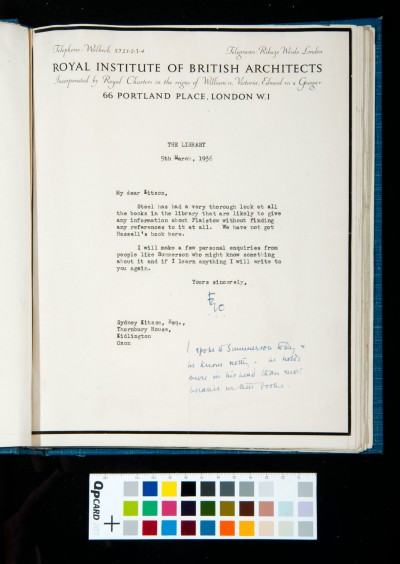 Letter to Kitson from the RIBA library saying that they do not have the information that he wanted about Plaistow