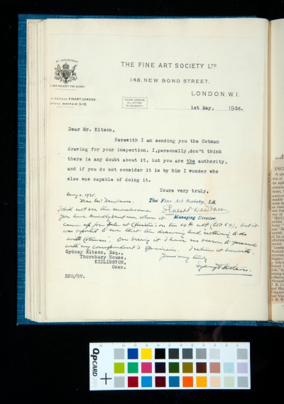 Exchange of letters between The Fine Art Society and SDK, concerning a drawing (wrongly) attributed to Cotman (1-2 May 1936)