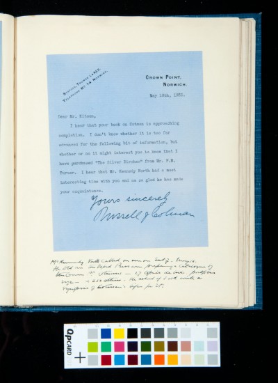 Letter to SDK from Russell J. Colman, 18 May 1936 / Note on a catalogue of the Crown Point Cotmans