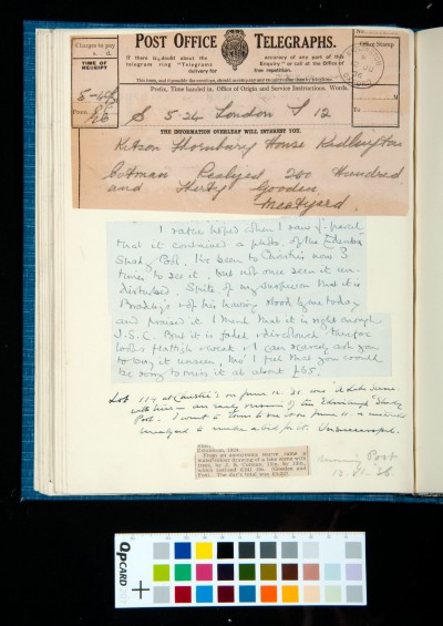 Items concerning the sale of *A Lake Scene* by Cotman to Gooden and Fox, including a telegram from Fred Meatyard and an extract from a letter from Oppé