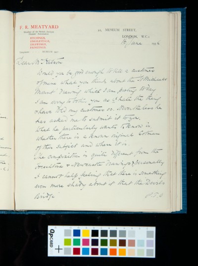 Letter to SDK from Meatyard concerning a drawing of St Michael's Mount, 16 June 1936