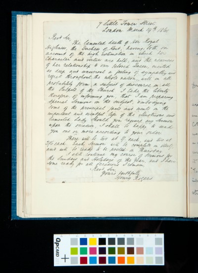 Letter from Henry Rogers, 19 March 1861, advertising his sermons on the death of the Duchess of Kent (Princess Victoria of Saxe-Coburg-Saalfeld)