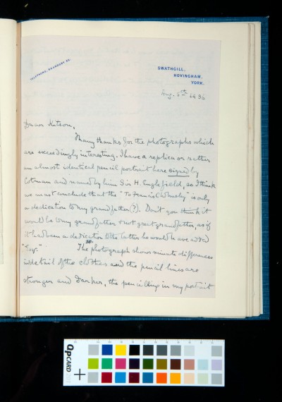 Letter to SDK from Hugh Fairfax-Cholmeley, 5 August 1936, concerning a portrait of Henry Englefield (1)