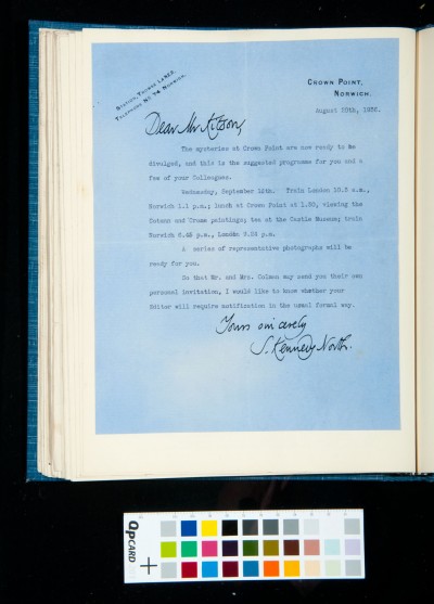 Letter to SDK from Kennedy North, 20 August 1936, setting out proposed arrangements for a visit to the Russell Colman collection on 16 September