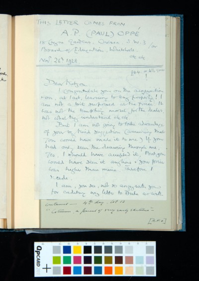 Letter from A. P. Oppé regarding purchase of a drawing (Doorway to Rievaulx Abbey Refectory)