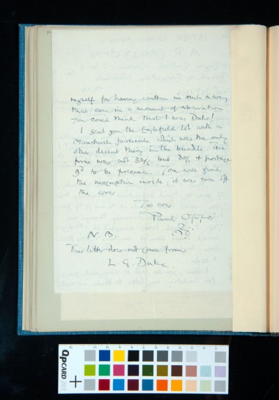 Letter from A. P. Oppé regarding the purchase of a drawing (Doorway to Rivaulx Abbey Refectory)