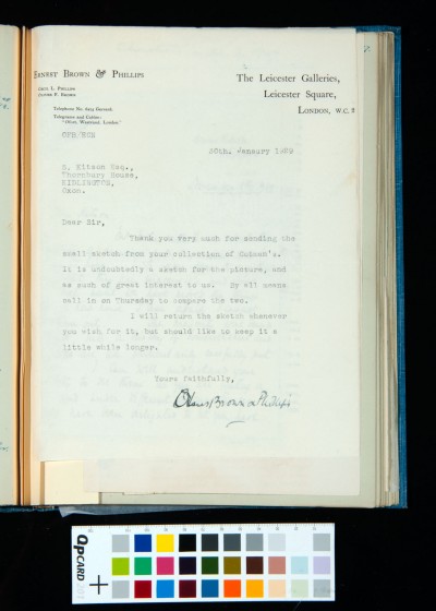 Letter from Oliver Brown and Phillips to Kitson regarding a small sketch
