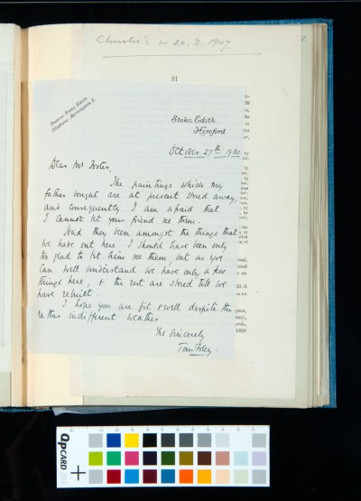 Letter from H. T. H. (Tom) Foley to Porter, not allowing Kitson access to a collection of drawings and etchings that have been stored away due to a house fire and the need to rebuild the house