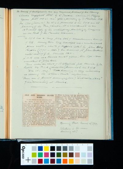 Kitson's accounts of paintings in the Society of Antiquaries collection, including a portrait of HC Englefield and architectural drawings of Norwich Cathedral / Letter to the Editor of the *Morning Post* slating the prevalence of silverware antiquities - and perhaps the good link to tradition of J. S. Cotman