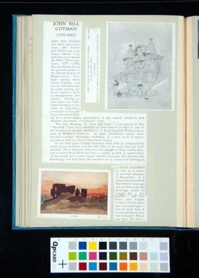 Magazine article by Augustus Walker about the life of John Sell Cotman, with images of 'Ruins' and 'Abbey Gate of St Martin at Aumale'
