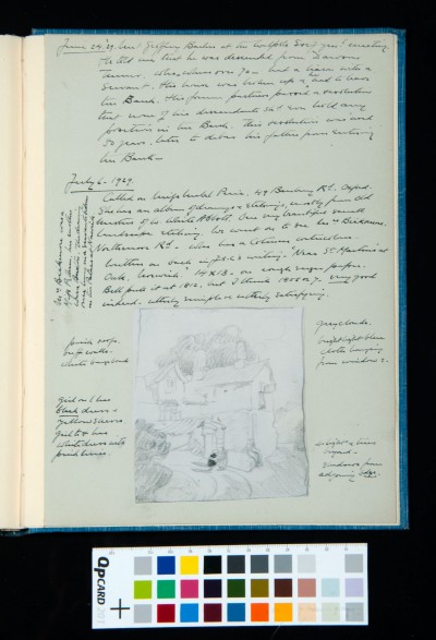 Account of Kitson's talk with [illegitimate?] descendant of Dawson Turner, and visit to Miss Price and Mrs Bickman to view a Cotman. Sketch and annotation of painting.
