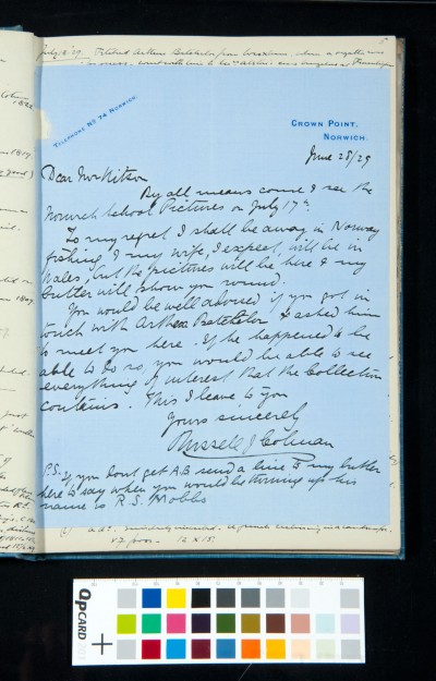 Letter to Kitson from Russell James Colman of Crown Point estate