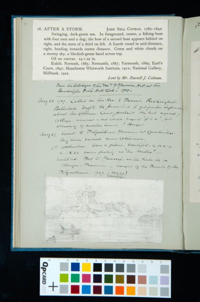Cutting describing Cotman's 'After the Storm', and diary entries about the Clint portrait and the Fitzwilliam purchase of 'Fort St-Marcouf in the Rade de la Hougue, France'