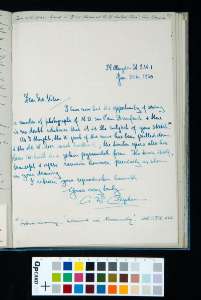 Letter from Alfred W. Clapham confirming the location of 'Church in Normandy' as that of Church Notre-Dame-sur-l'Eau Domfront