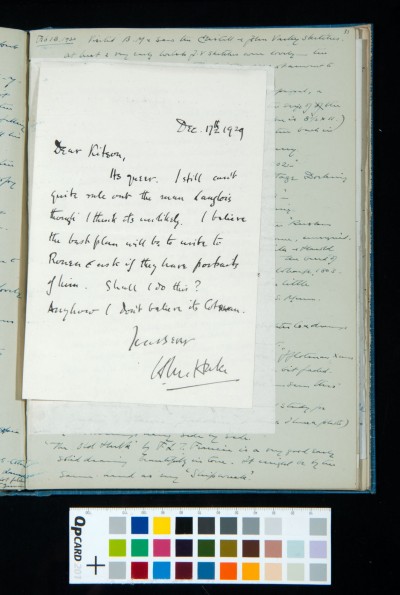 Letter from Henry Mendelssohn Hake to Kitson regarding the unknown identity of a portrait