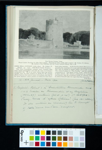 Clipping from the R.I.B.A Journal of an image of The Water Tower, York, and a review of Kitson's article in the Old Water Colour Society by H M Fletcher.
Kitson's find of a couple of paintings in a French journal.