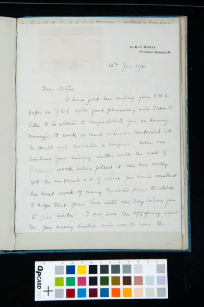 Letter to Kitson from Leonard Duke, congratulating  Kitson on his article in the O W S journal, and giving an impromptu list of Duke's favourite watercolour artists