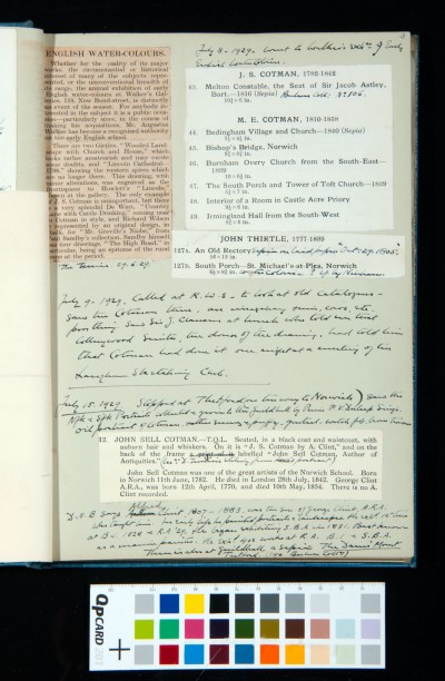 Diary entries, catalogue and newspaper cuttings concerning Cotman's work