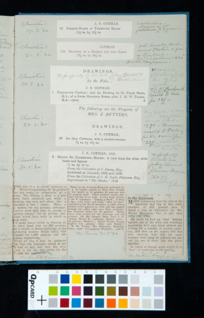 A list of auction sales, continued from previous page, of paintings sold at various auctioneers, including the price they fetched and other comments by Kitson
Three newspaper clippings about the sales from some of the auctions mentioned in the auction clipping