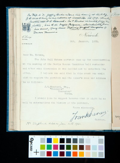 Letter from Frank Leney, curator Castle Museum, Norwich, concerning a Cotman portrait