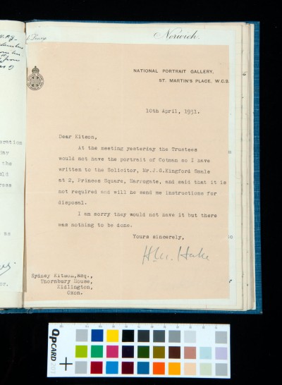 Letter from Henry Mendelssohn Hake (of the National Portrait Gallery) to SD Kitson