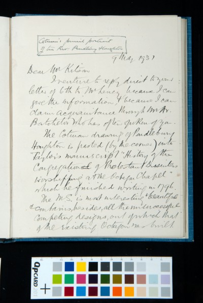 Letter to SD Kitson from PA Mottram concerning Cotman's pencil portrait  of the Rev. Pendlebury Houghton