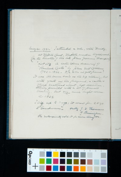 SD Kitson Diary entry 20 May 1931: sale of *Harlech Castle* by John Sell Cotman