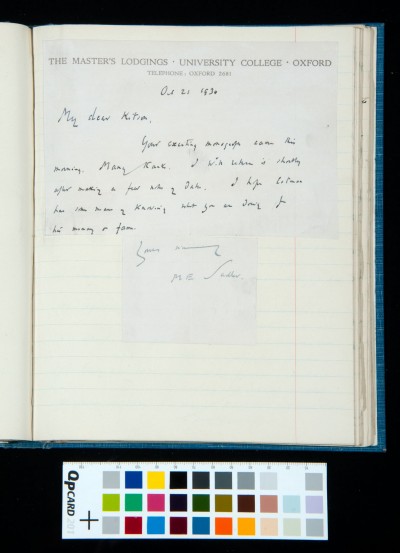 Handwritten letter from M. E. Sadler