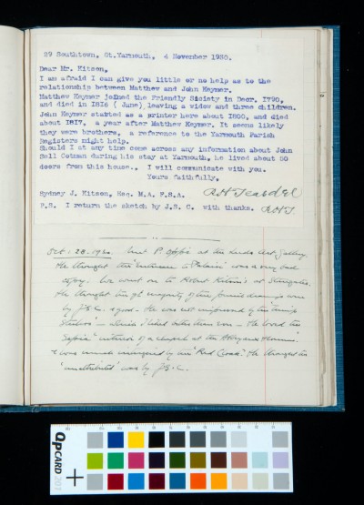 Letter from Teasdel. Kitson diary entry 28 Oct: 1930