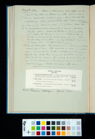 Kitson's diary entry 19 February 1932; extract from Parson's catalogue