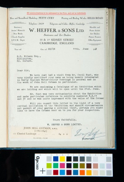 Letter  to Kitson from Sidney Heffer (Cambridge)