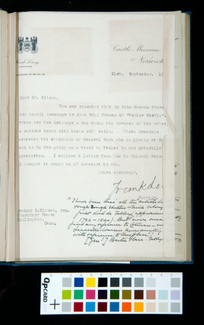 Inserted typed Letter to Kitson from Frank Leney on headed paper with hand-written annotation