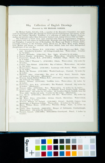 A listing of a donation made by Sir Michael Sadler.