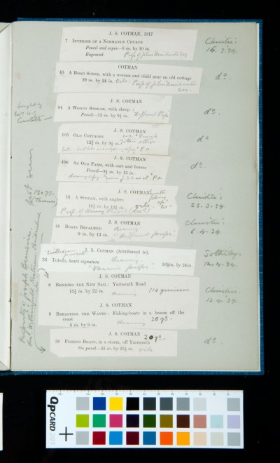Individual clippings of listings of 11 Cotman works with pencil annotation by Sydney Kitson.