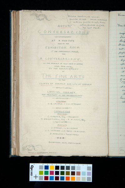 Notice for Artist's Conversazione in Exhibition Room,  Norwich , 26/12/1829.