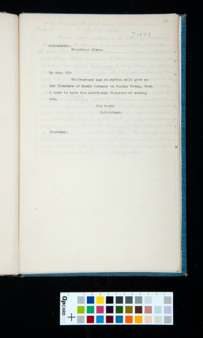 Letter from J. S. Cotman to Arthur Dixon, Exchange Street, Norwich.