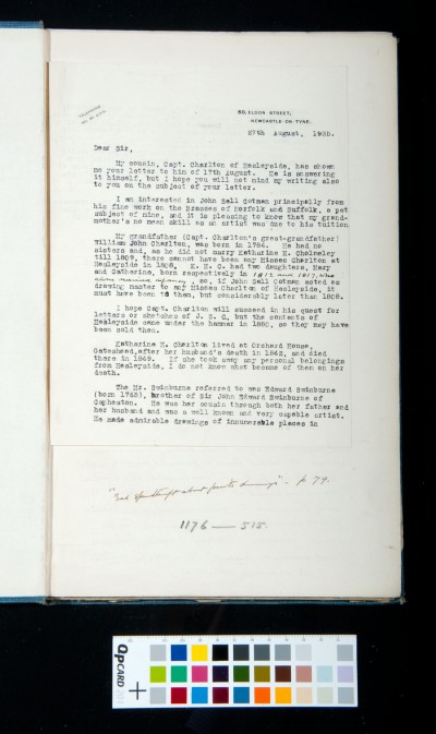 Reply from Charlton to Kitson's questions on Swinburne and Katharine Cholmeley,  27th August 1935.