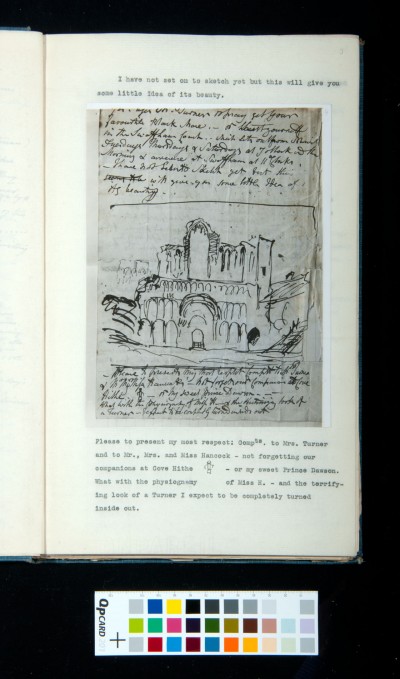 Transcription of letter from John S. Cotman at Castle Acre.  / Extract from this letter showing Castle Acre Priory sketch.  9th August 1804