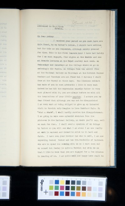 Copy of letter from John Joseph Cotman to Arthur Dixon, March 1834