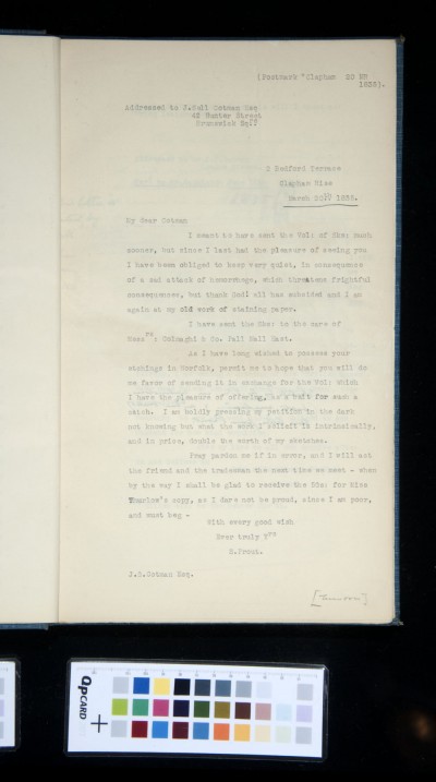 Letter from S. Prout to J. S. Cotman asking for his 'etchings in Norfolk' and offering a volume of sketches in exchange.