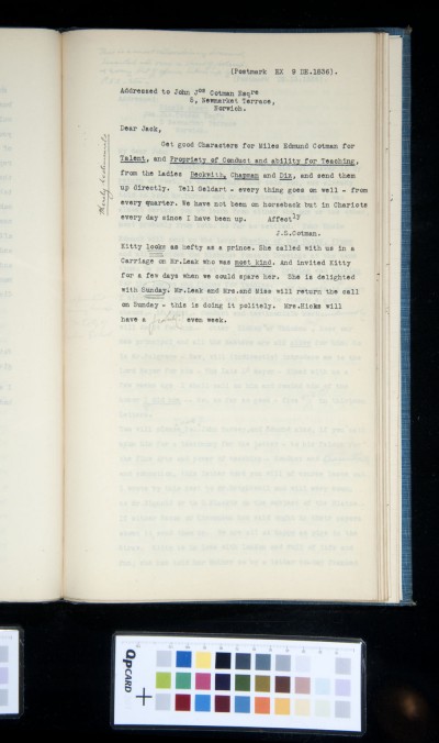 Letter from J. S. Cotman to J. J. Cotman asking for testimonials for Miles Edmund.